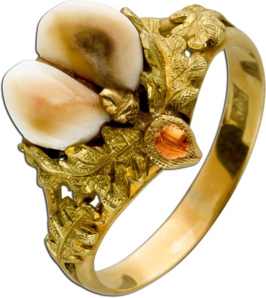 Antiker Ring 14 Karat 585 Gelb Rosegold 2 Grandeln und Eichenblätter Trachten Jagdschmuck Vintage 1920 Ringgröße 17mm