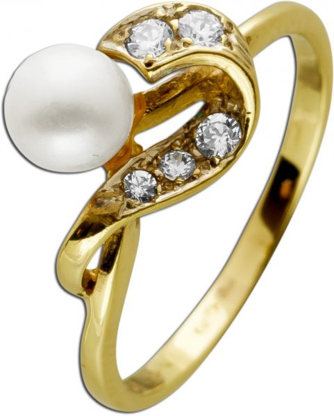 Antiker Ring Gelbgold 333 8 Karat 1 Akoya Perle 5 funkelnde Zirkonia Vintage 1970 Ringgröße 17mm