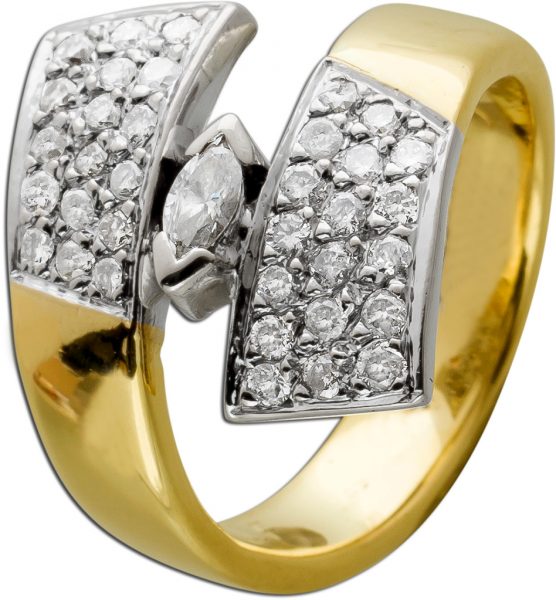 Brillant Diamant Ring Gelbgold 14Karat 585 Brillant Diamant Totalgewicht 0,80ct. TW/SI Mittelstein Diamant Navette Schliff Designer Goldschmiede Meisterleistung