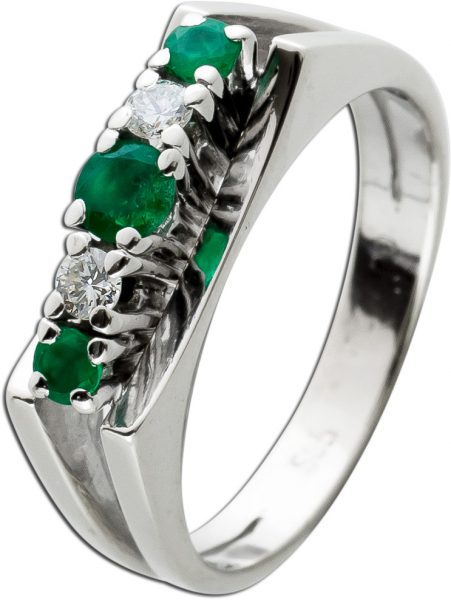 Antiker Smaragd Brillant Ring 14Karat 585 Weißgold von 1960 Top Zustand 3 feinste grüne Smaragd Edelsteine 0,20ct. 2 Brillanten 0,08ct. TW/VVSI Unikat
