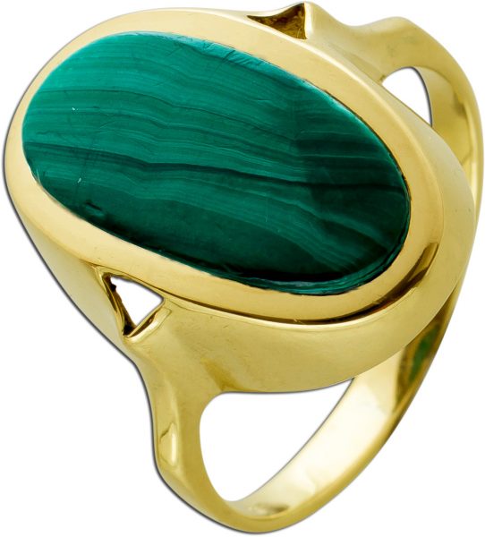 Antiker Malachit Ring Gelbgold 585 grün konkaver Edelsteinschliff