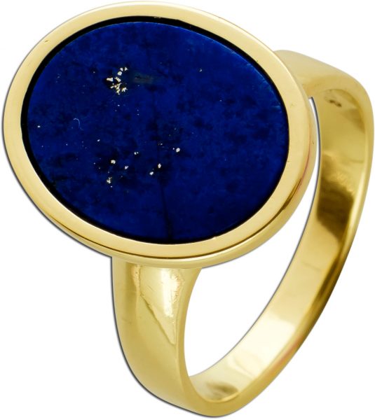 Antiker Lapislazuli Edelstein Ring von 1980 Gelbgold 14Karat 585 Lapislazuli blau leuchtend Goldfäden Einlagen Designer Tulpenfassung Größe 18mm