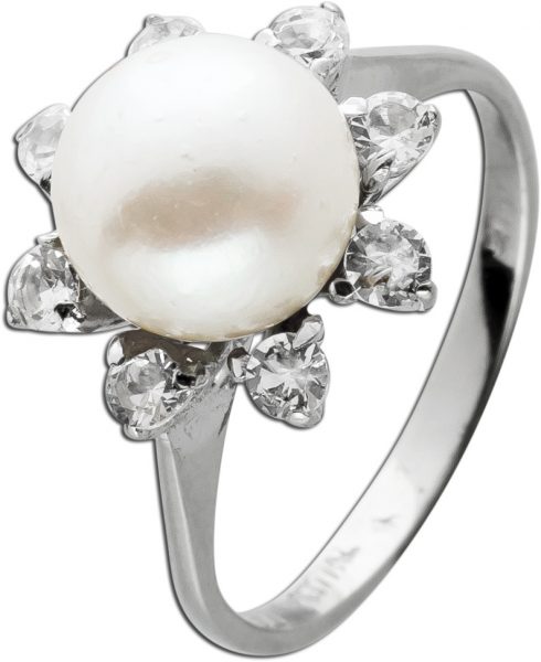 Antiker Perlen Diamant Ring Weißgold 18Karat 585 Designer Blüte 8 Diamanten 0,24ct, TW/VVS 1 riesige Japanische Akoyaperle 8,62mm Top AAA  Perlenlustre Größe 16mm Unikat