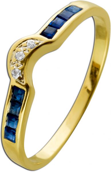 Edelsteinring Gelbgold 585 Mond Design 3 Diamanten Total 0,02ct. W/SI 8 blaue Saphir Edelsteine Carree Schliff Größe 18mm Unikat