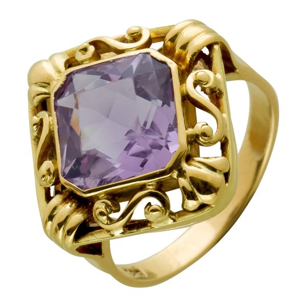 Antiker Edelstein Ring Gelbgold 585 14 Karat 1 lila leuchtender Amethyst Edelstein Vintage 1920