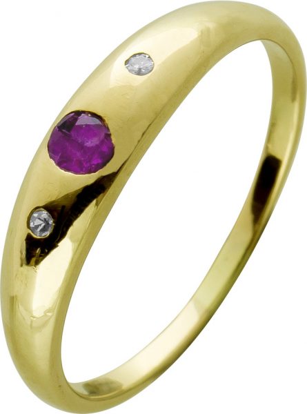 Antiker Ring Gelbgold 585 14 Karat 1 roter Rubin Edelstein 2 Diamanten Total 0,02ct TW/VVS 8/8 Vinatge 1980