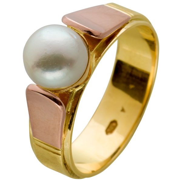 Antiker Designerring Gelbgold Rosegold 585 14 Karat 1 Japansiche Akoya Perle Weiß-rose Perlenlustre Vintage 1950