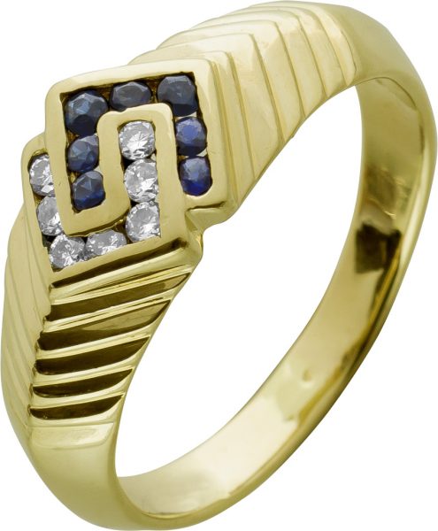 Antiker Ring Gelb Rosegold 585 14 Karat 6 blau leuchtende Saphir Edelsteine 7 Diamanten Brillantschliff Total 0,11ct, TW/VVS Vintage 1970