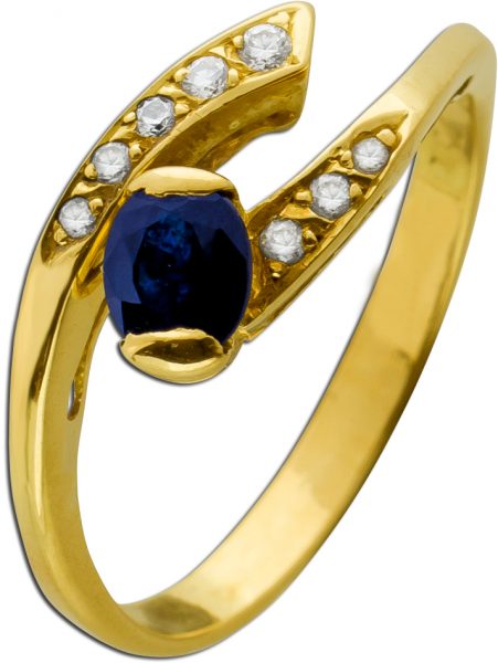 Antiker Ring Gelbgold 750 18 Karat  1 blau leuchtender Saphir Edelstein 8 Diamanten Brillantschliff Total0,08ct TW/SI Vintage 1980