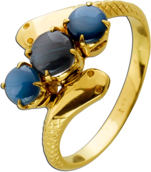 Antiker Schlangen Designer Ring Gelbgold 585 14 Karat 3 echte Saphir Edelsteine Cabochon Schliff Vintage 1930
