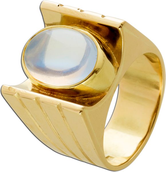 Antiker Ring Gelbgold 585 14 Karat 1 Mondstein Edelstein silbrig bläulich leuchtend Damenschmuck Vintage 1920