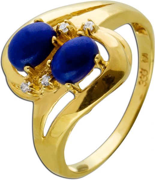 Antiker Ring Gelbgold 333 8 Karat  mit 4 Diamanten W/SI,Total 0,02ct 2 blau leuchtende Lapislazuli Edelsteine Vintage