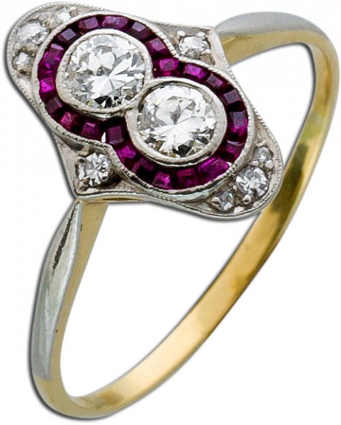 Ring – Diamantring Antik Art decó Gelbgold  Weißgold 585 20 Rubine 8 Diamanten 2 Brillanten 0,95ct TW/SI