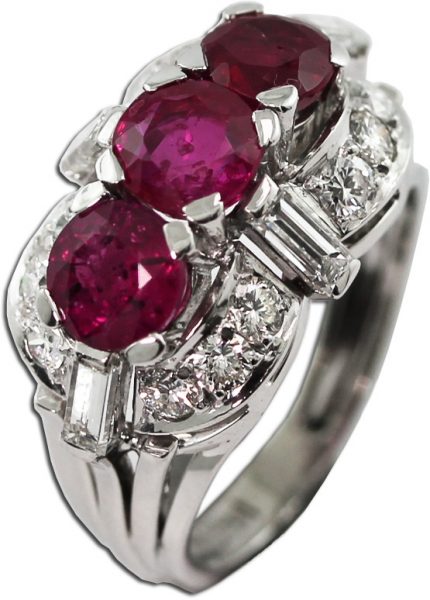 Antiker Rubin Diamant Ring Schilling Weissgold 750 3 Burma Rubine 3,5ct Brillanten Diamanten Baguette, Gr. 17,3mm um 1950 Top Zustand, DGI Zertifikat