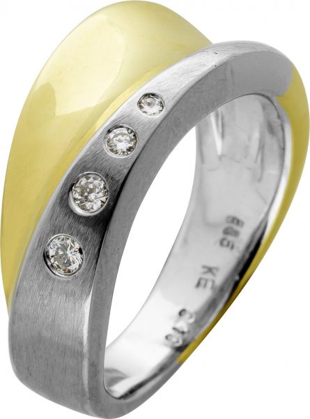 Designer Ring Gelbgold Weißgold 585 14 Karat  4 Diamanten Brillantschliff Total 0,10ct TW/SI Görg Zertifikat