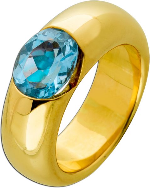 Exklusiver Ring Gelbgold 750 18 Karat 1 blau leuchtender Blautopas Edelstein oval facettiert Görg Zertifikat