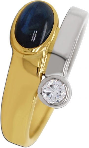 Designer Ring Gelbgold Weißgold 750 18 Karat 1 Saphir Edelstein 1,20ct 1 Diamant Brillantschliff 0,25ct TW/VSI