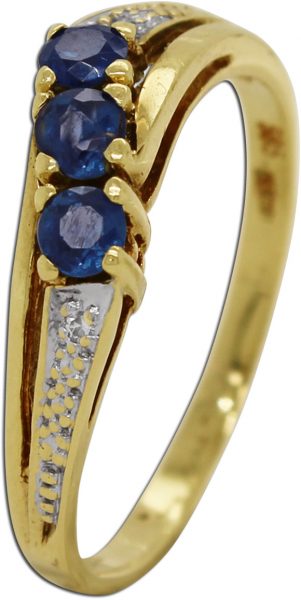 Saphir Ring Gelbgold 585 14 Karat 3 blaue Saphir Edelsteine 2 Diamanten Total 0,02ct W/SI