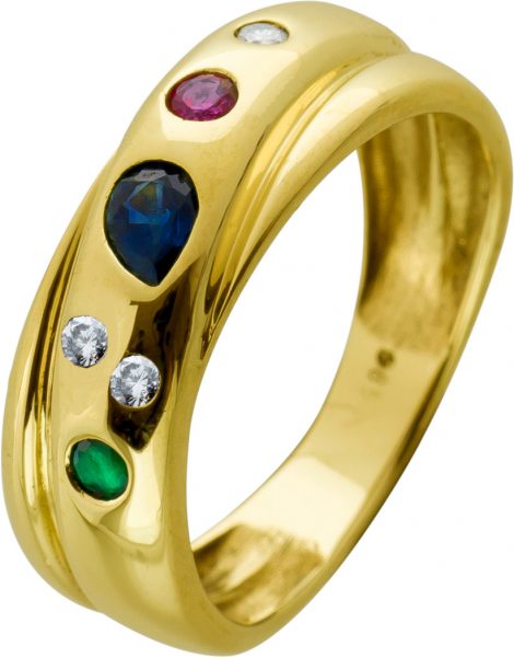Antiker Ring Gelbgold 585 14 Karat 1 Smaragd 1 Rubin 1 Saphir Edelstein 3 Diamanten Brillantschliff Total 0,06ct TW/SI