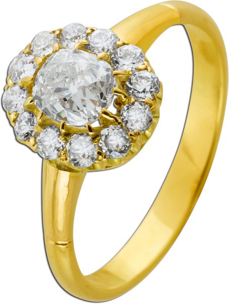Antiker Ring Gelbgold 585 14 Karat von 1900 1 Diamant 1,00ct Wesselton Pique 1 12 Diamanten Altschliff 0,75ct TW-W/VS-SI Brllantring
