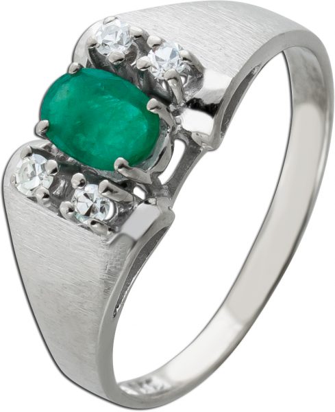 Antiker Smaragd Ring Weißgold 585 14 Karat 1 grün leuchtender Smaragd 0,62ct 4 Diamanten 0,12ct 8/8 TW/VSI Vintage 1950
