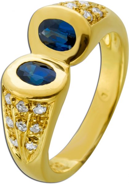 Antiker Saphir Diamant Ring Gelbgold 750 18 Karat 2 blaue Saphir Edelstein Total 0,80ct 16 DiamantenTotal 0,16ct TW/SI Vintage 1970