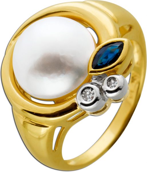 Perlen Ring Gelb und Weißgold 585 Mabe Perle  Brillanten 1 Saphir
