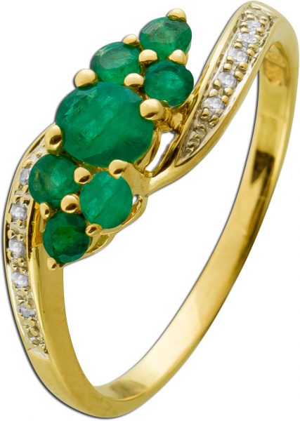 Ring Gelbgold 585 6 Smaragde ca.0,93ct. 12 Diamanten 0,12ct. W/I1
