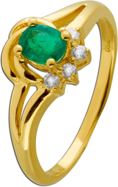 Ring Gelbgold 750 grüner Smaragd 0.60ct. Brillanten 0.08ct. TW VVS