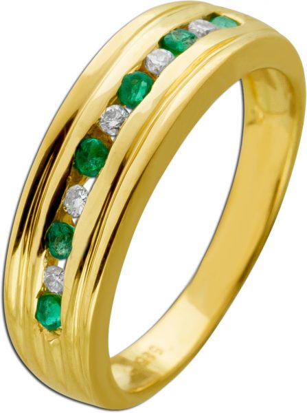 Smaragdring Gelbgold 585 grüne Smaragde 0.20ct. Diamanten 0.10ct.