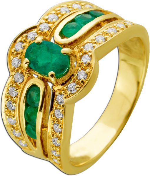 Ring Gelbgold 585 grüne Smaragde 0.60ct. Diamanten 0.30ct.