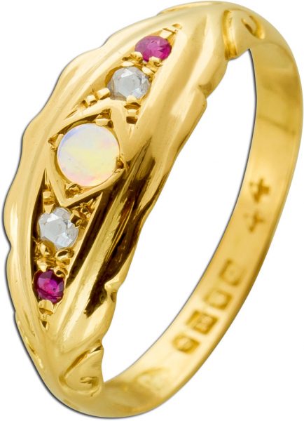 Edelstein-Ring Gelbgold 750 Diamante rote Rubine echter Opal
