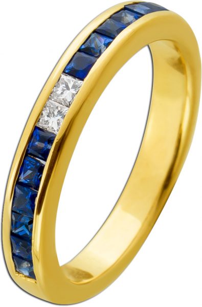 Damenring Gelbgold 750 blaue Saphire 0.72ct. Diamanten 0.10ct.