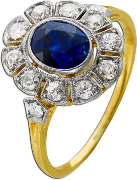Ring Gelbgold Weißgold 750 blauer Saphir 1,0ct Diamanten 0.50ct.
