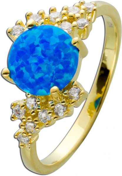Ring Silber 925/- vergoldet,1 blauer synth. Opal, 14 weisse Zirkonia