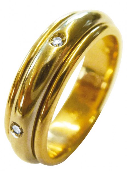 Goldring. Wunderschöner, drehbarer Ring in Ring in Größe 16,5 mm aus feinstem GelbG/WeißG 750/-, besetzt mit 6 funkelnden, echten Diamanten 8/8, 0,06 ct W/P. Sehr hochwertig in der Verarbeitung. Ein sehr edles Einzelstück in feinster Juweliersqualität zum