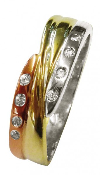 Luxuriöser Ring in Größe 18,7 mm aus hochwertigem Gelb/- Rosé/- und Weißgold 585/- besetzt mit 8 echten, strahlenden Brillanten ca. 0,08 ct, Ringkopfbreite ca. 6 mm, hochglanzpoliert in feinster Goldschmiedearbeit gefertigt. Ein edles Accessoire und hochw