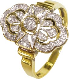 Wunderschöner Ring aus Gelbgold 585/- (14 Karat) im Art Deco Stil mit einem Brillanten 0,4 ct und acht Diamanten 8/8 ca. 0,07 ct ( zusammen 0,47 ct) besetzt. Der Ringkopf hat eine Breite von 16,5 mm und eine Stärke von 0,9 mm. Die Ringschiene ist 2,1 mm b