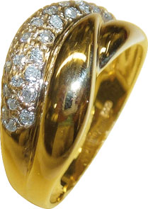 Traumhafter Ring in Gelbgold 585/- poliert, mit 31 Brillanten zusammen 0,031ct W/P 8/8, Breite 10mm, Stärke 1,25mm. Dieses Einzelstück ist nur noch in der Größe 20 erhältlich, Größe änderbar. Feinste Juweliersqualität aus Stuttgart – ABRAMOWICZ – die Nr.