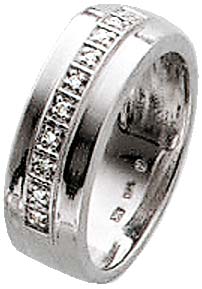 Ring in Weißgold 8 Karat 333/- mit 10 funkelnden Diamanten, zusammen 0,04 Carat W/P (Weselton / Pequé). Mit gleichbleibender Ringschiene, Breite ca. 6,2 mm. Erhältlich in den Größen 16 – 20 mm. Edel im Design und ein absolutes Schmuckstück in Premiumquali