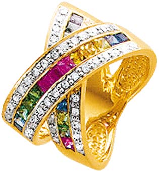 Ring in Gelbgold 585/- mit 46 Diamanten und farbigen Safiren